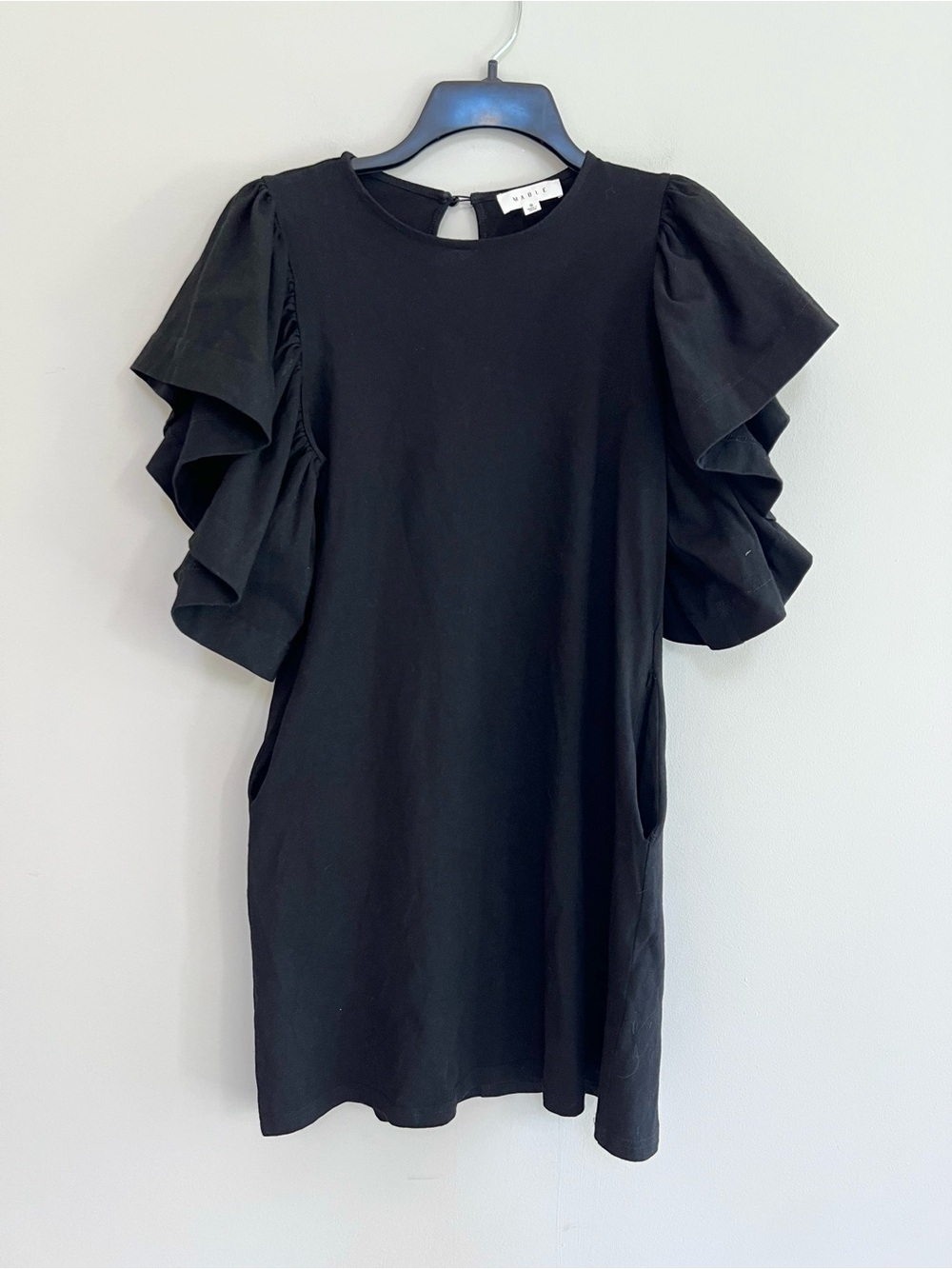 Mable 100% Cotton Tiered Ruffle Sleeve Mini Shift Black Dress Pockets, S
